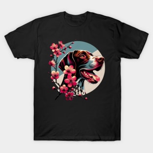 Joyful German Shorthaired Pointer with Spring Cherry Blossoms T-Shirt